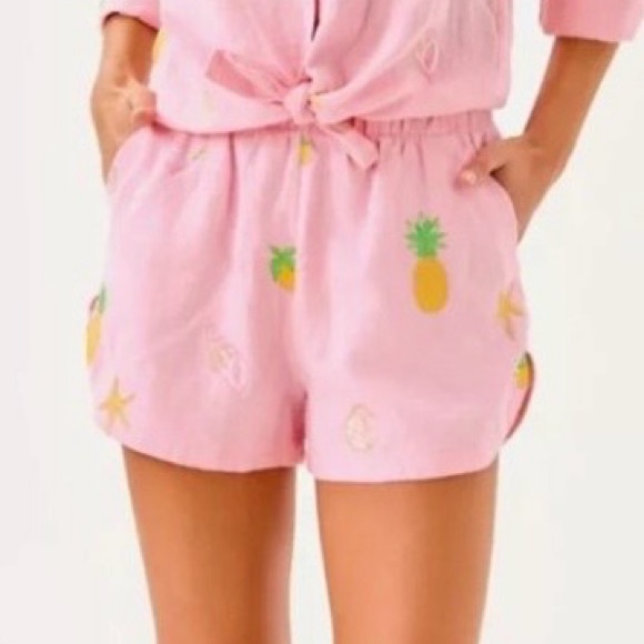 Lilly Pulitzer Pants - Lilly Pulitzer Elodey Linen Short Happy Hour Embroidery Pink NWT XL‎